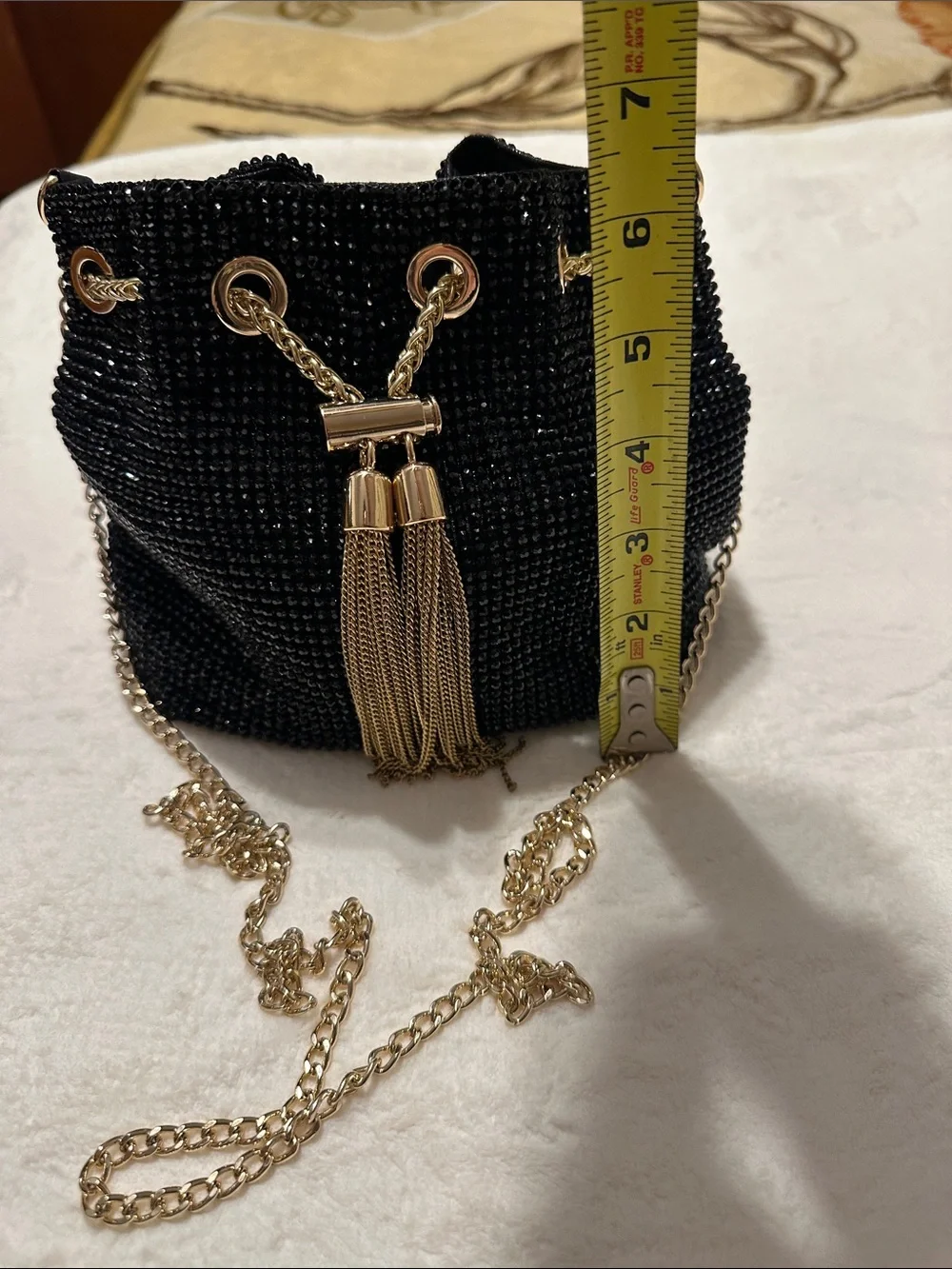 Olga Berg Black Beaded Crossbody Bucket Bag with Gold Chain & Tassels